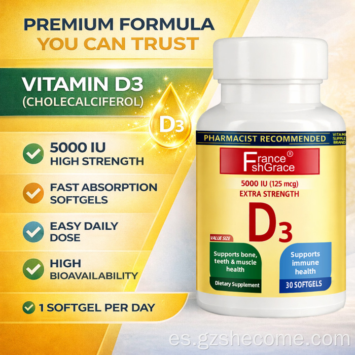 Shecome Vitamina D3 Cápsulas blandas Salud muscular inmune ósea